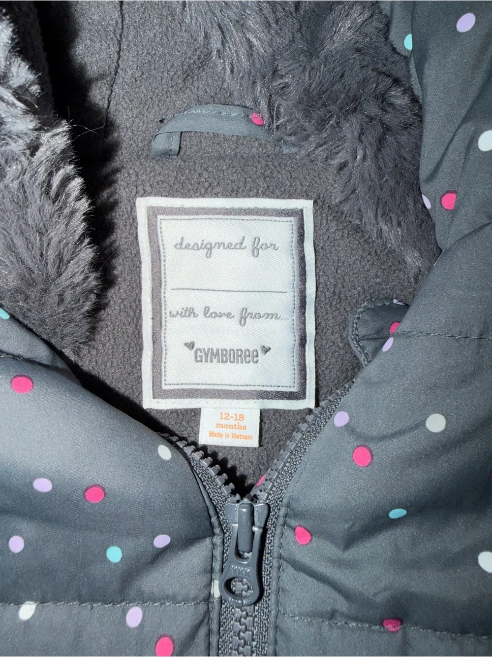 Gymboree Black Puffer Jacket with Multicolor Polka Dots and Faux-Fur Hood